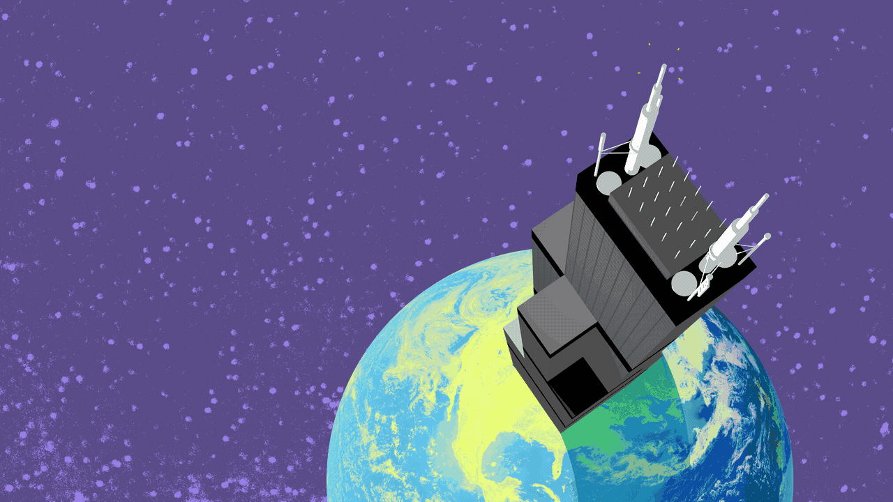 An illustration of Willis Tower perched on planet Earth. 