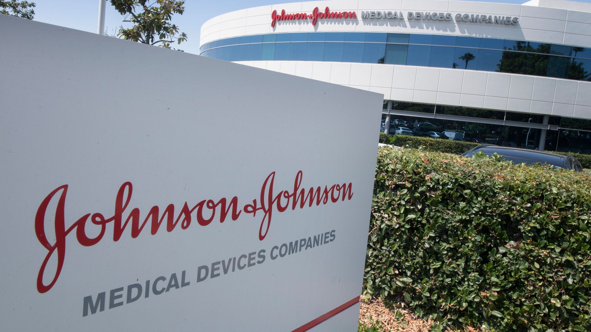 An entry sign to the Johnson & Johnson campus shows their logo in Irvine, California on August 28, 2019