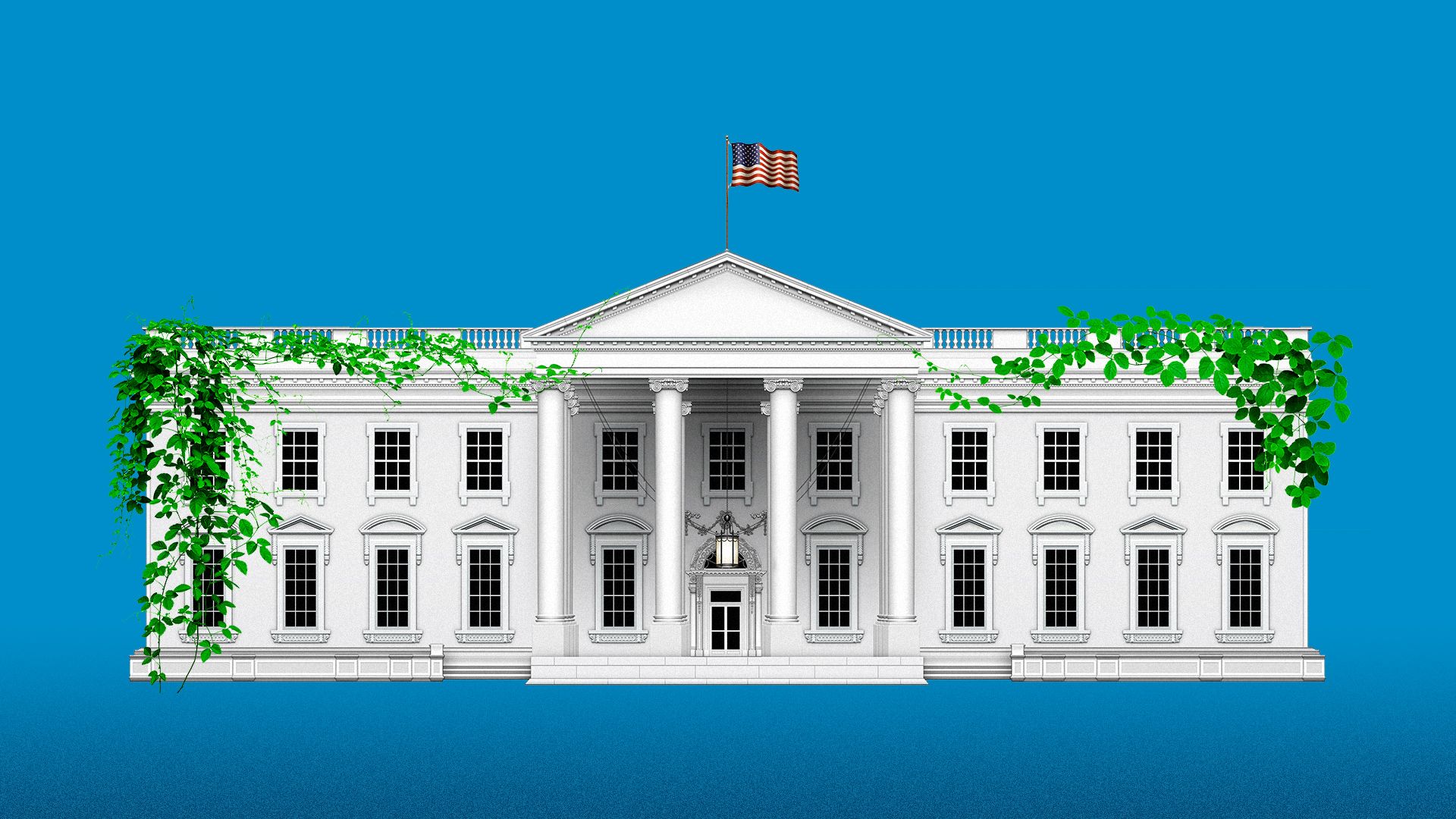 Illustration of the White House covered in vines. 