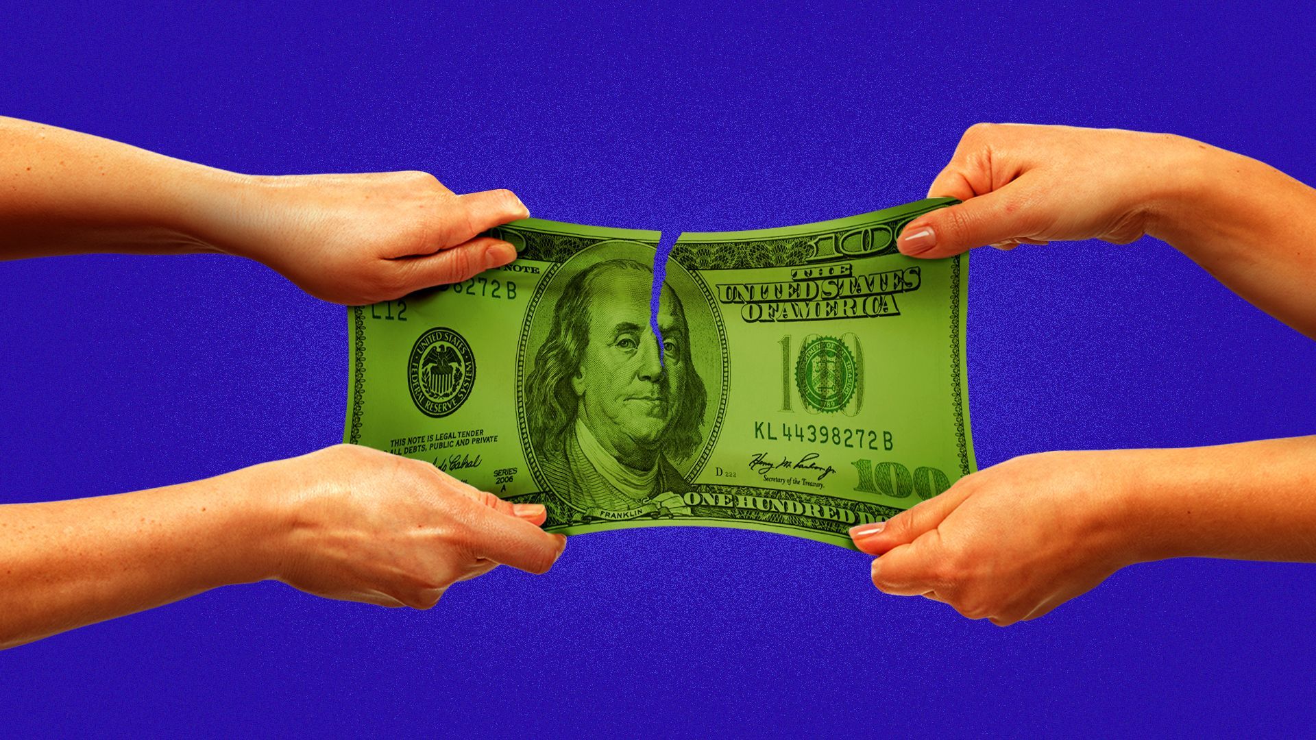 Illustration of hands pulling on a 100 dollar bill.