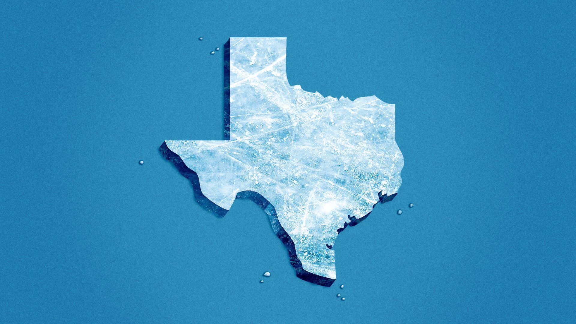 Illustration of an ice cube shaped like Texas. 