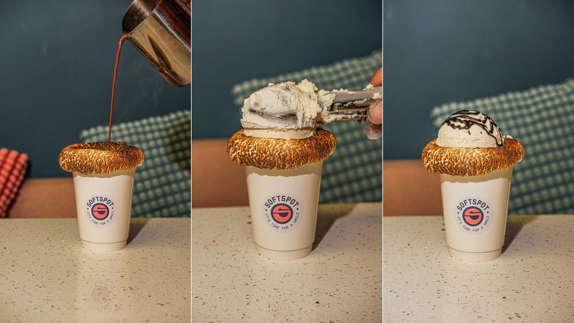 Three-panel image showing a cup with toasted marshmallow rim. First panel: hot chocolate poured in. Second panel: a scoop of vanilla ice cream added on top. Third panel: ice cream drizzled with chocolate syrup.