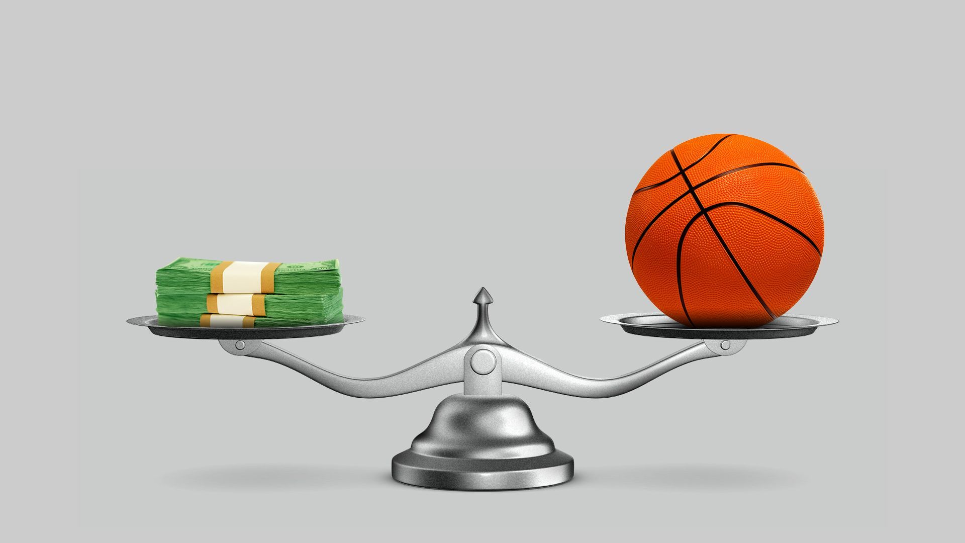 Illustration of a scale with a basketball on one side and money on the other.  