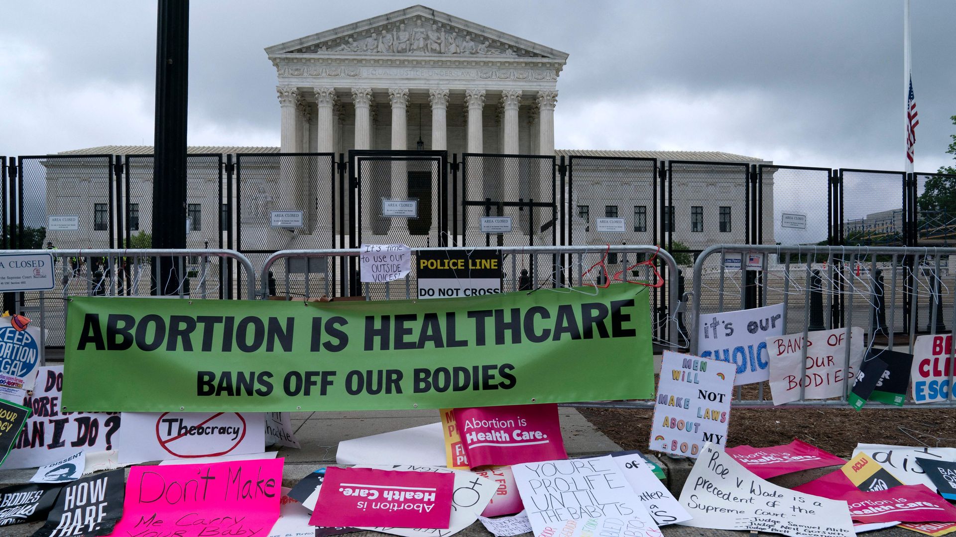 Picture of the Supreme Court building with signs in support of abortion in front of it