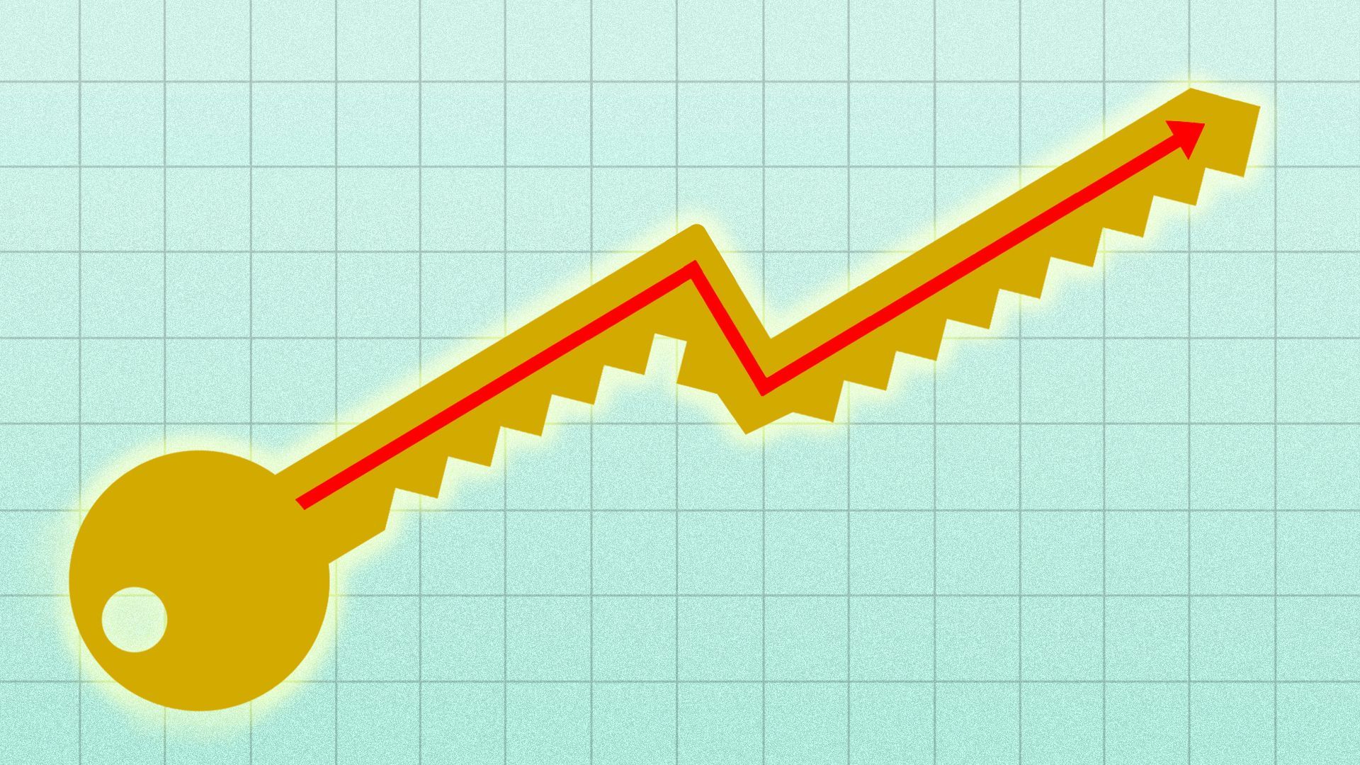 Illustration of a house key shape extended and sloping upward like a trend line with the groove of the key bright red with an arrow point at the top.