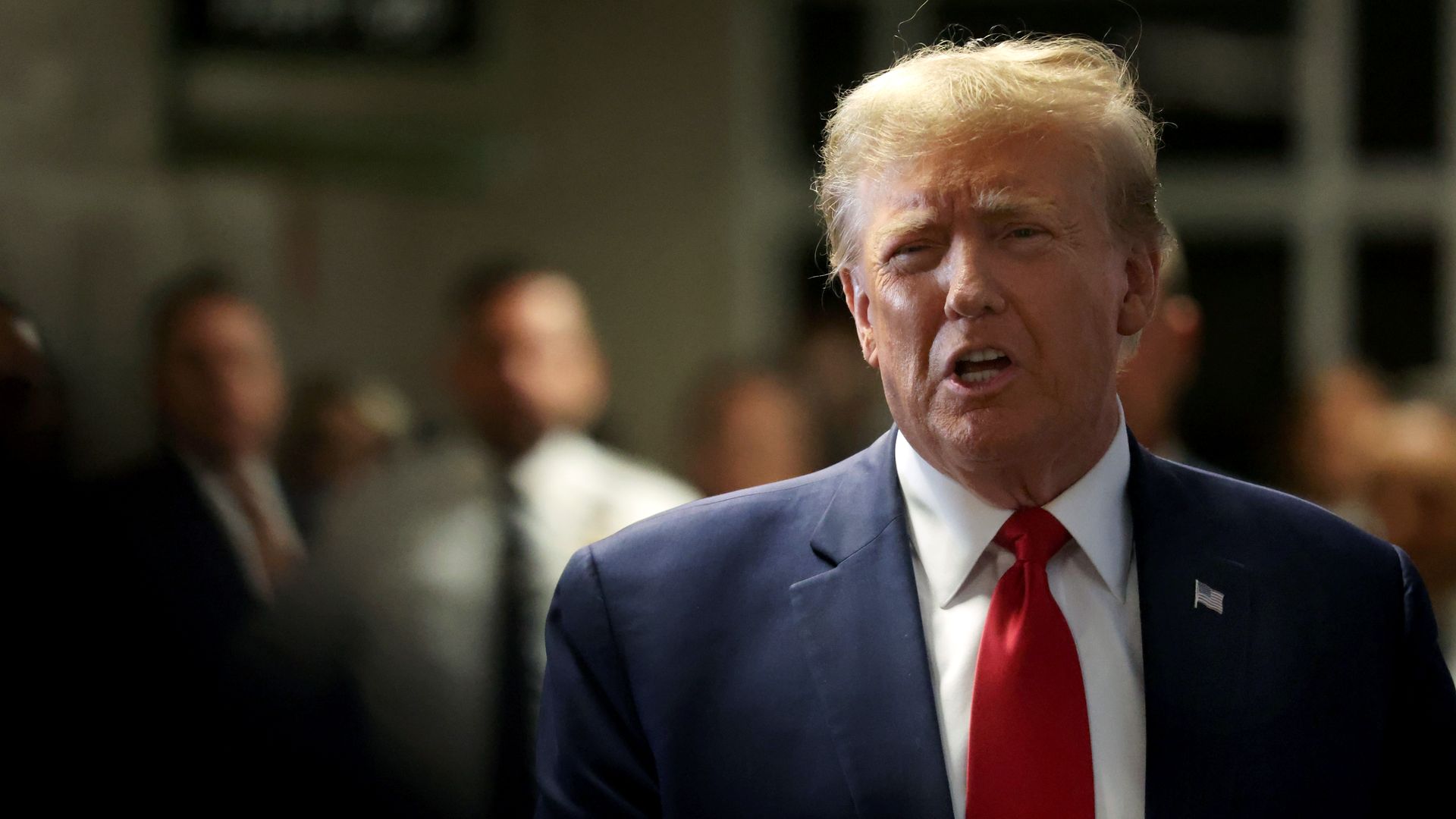 Republican presidential candidate, former U.S. President Donald Trump departs a pre-trial hearing in a hush-money case at Manhattan Criminal Court on February 15, 2024 in New York City. 