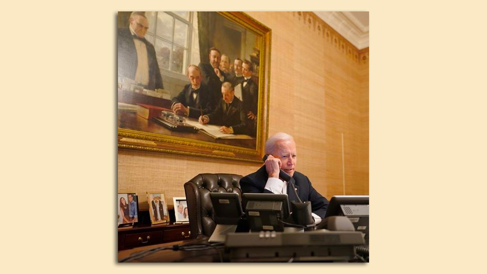 A photo of President Joe Biden calling Texas governor.