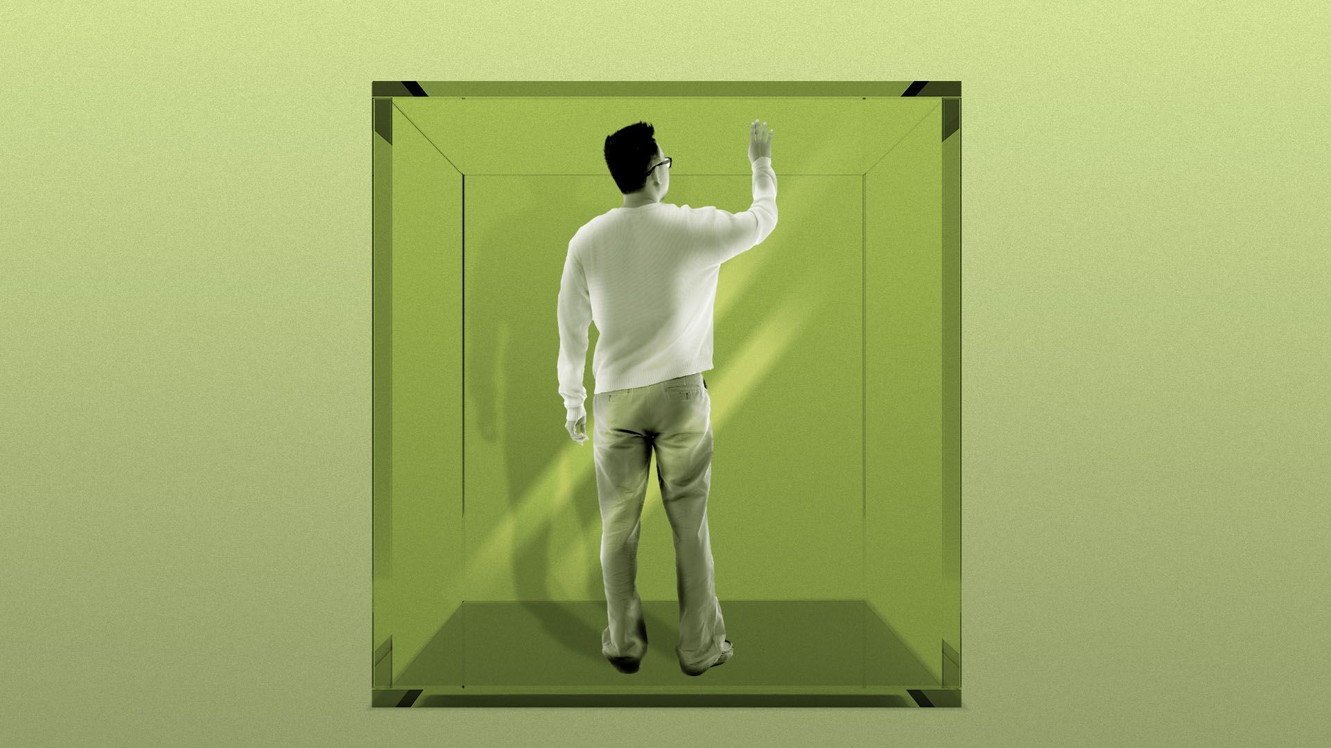 Illustration of a man in a glass box