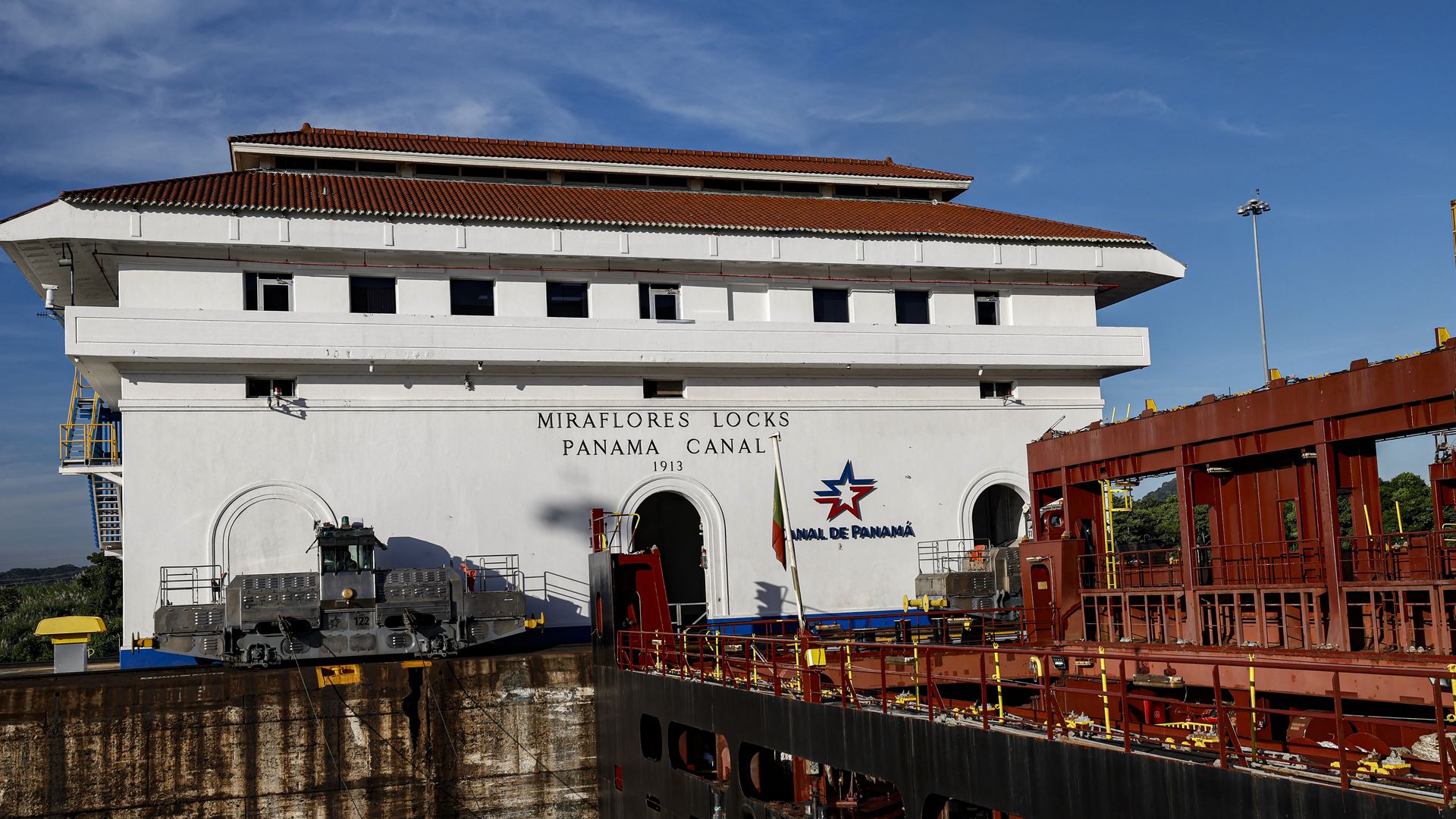 A ship transiting through the Panama Canal.