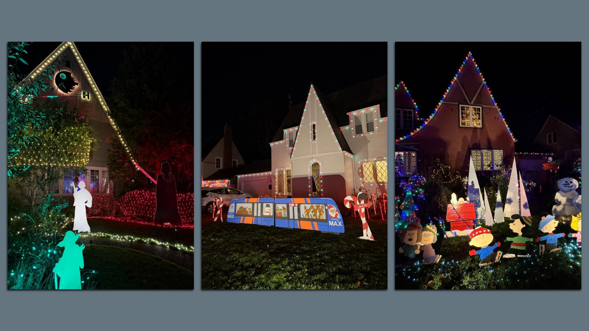 Three houses decorated with colorful Christmas lights and festive yard displays, including Star Wars characters, a tram with holiday designs, and Peanuts characters ice skating at night.