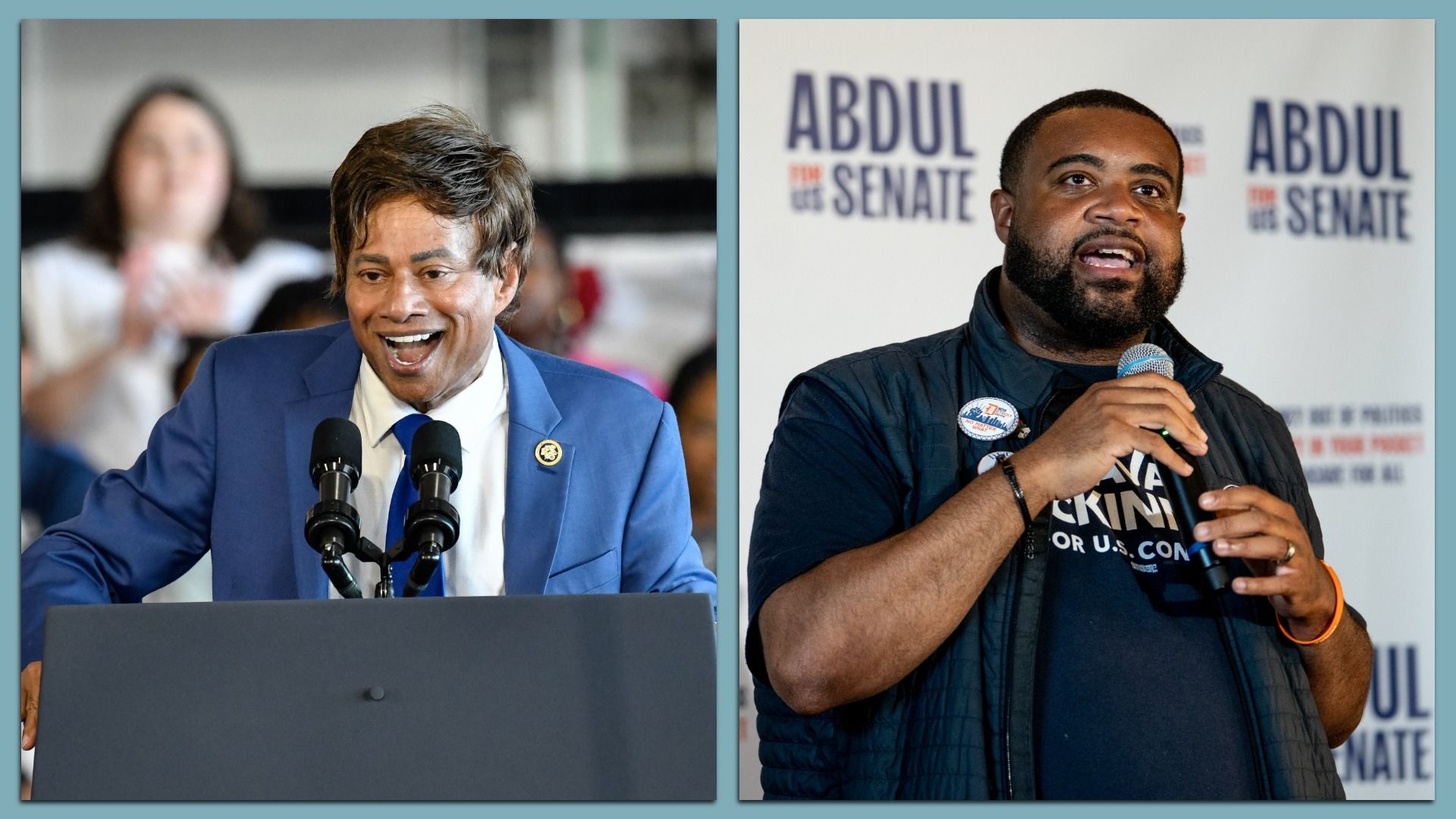 The candidates each in a photo, speaking into a microphone