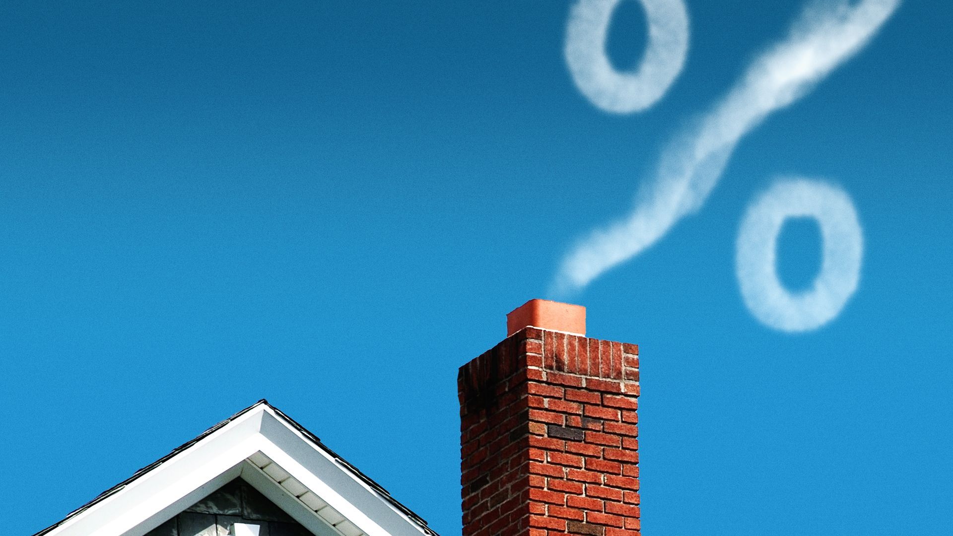 Illustration of smoke in the shape of a percent sign billowing from a house's chimney.