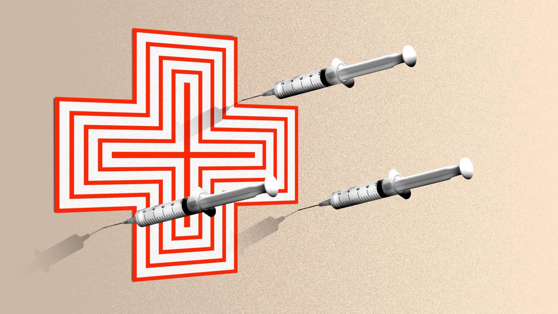 An illustration of a dart board in the shape of a medical cross with darts made of vaccine vitals.