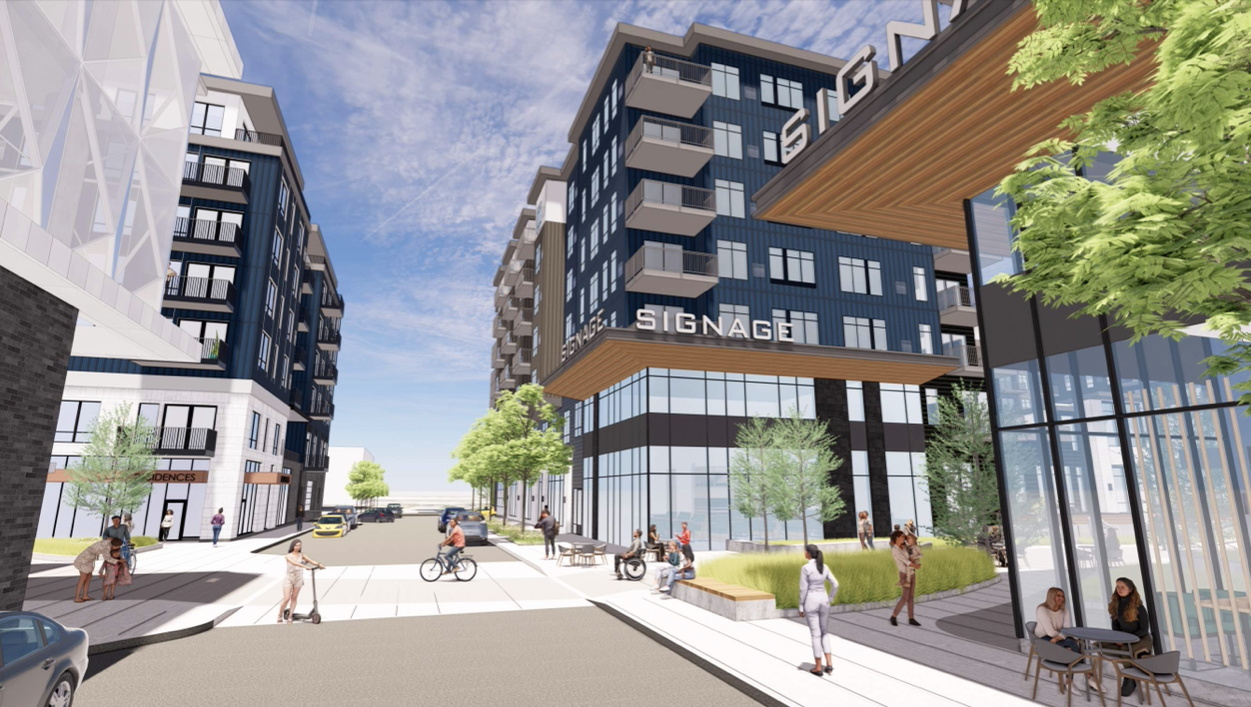 A rendering of the street level, with storefronts and sidewalks 