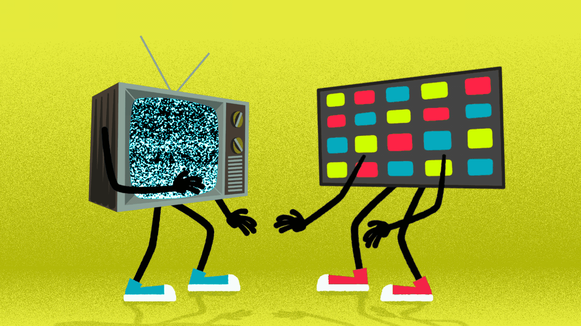 Illustration of an old cathode-ray tube TV in a fistfight with a smart TV. 