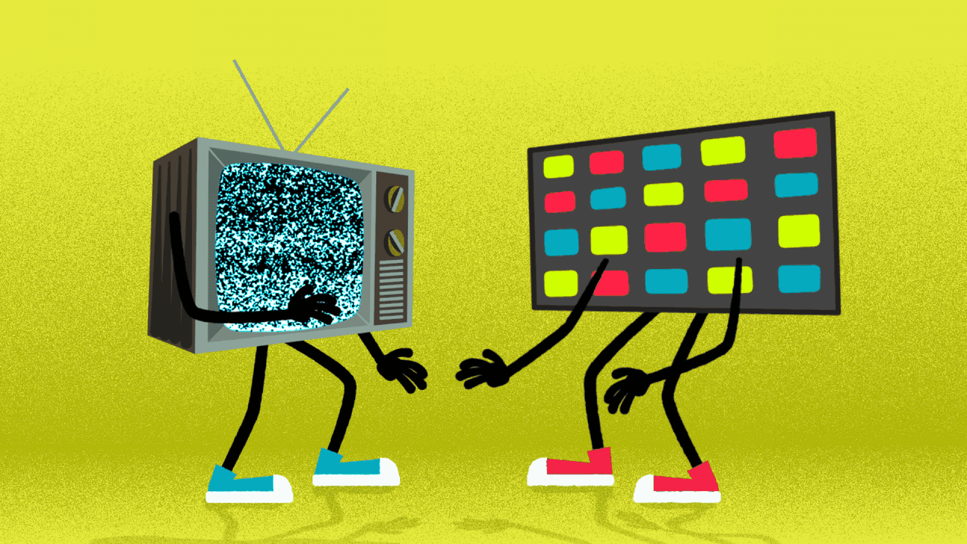Illustration of an old cathode-ray tube TV in a fistfight with a smart TV.