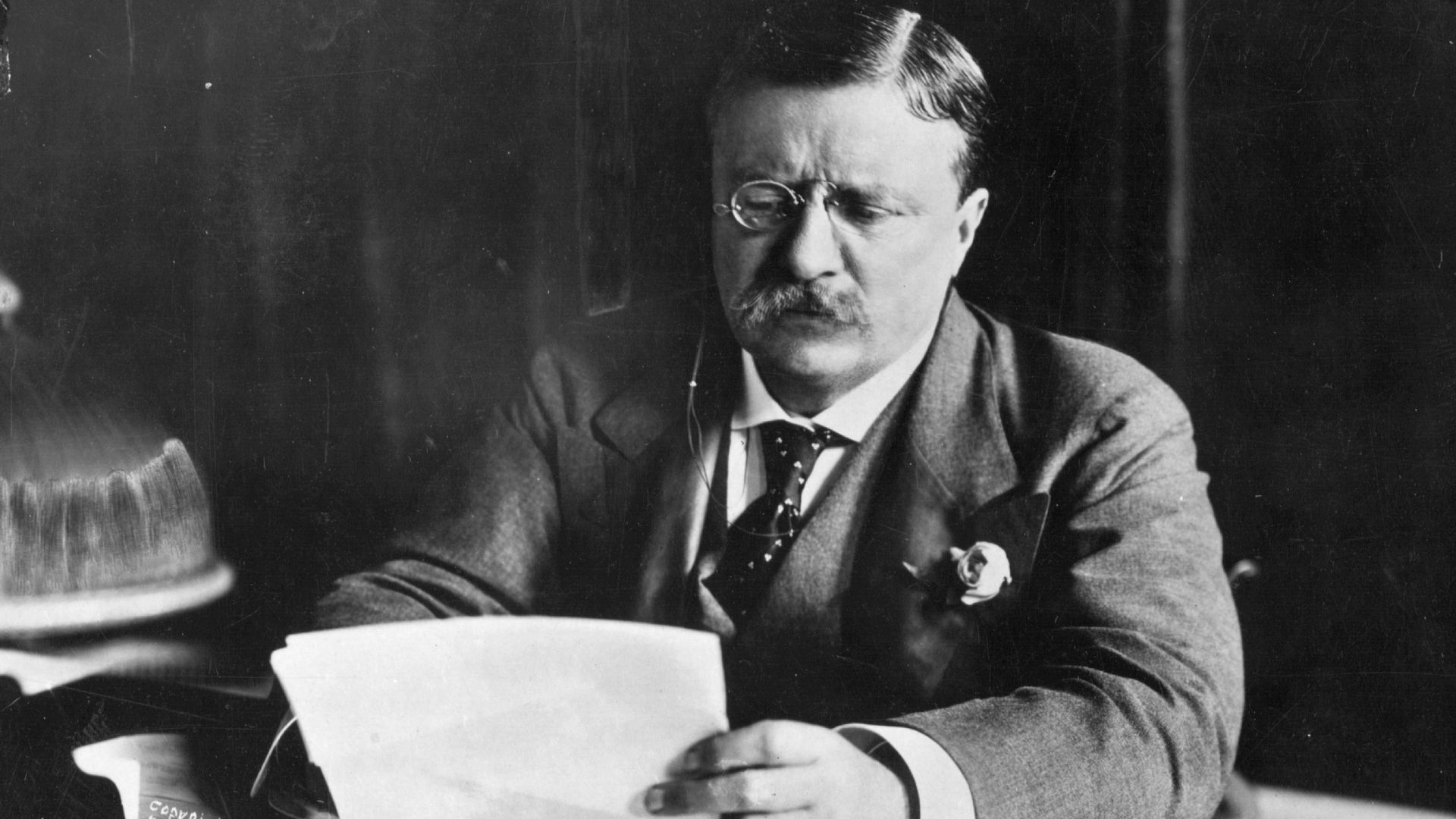 Photo of Theodore Roosevelt reading papers