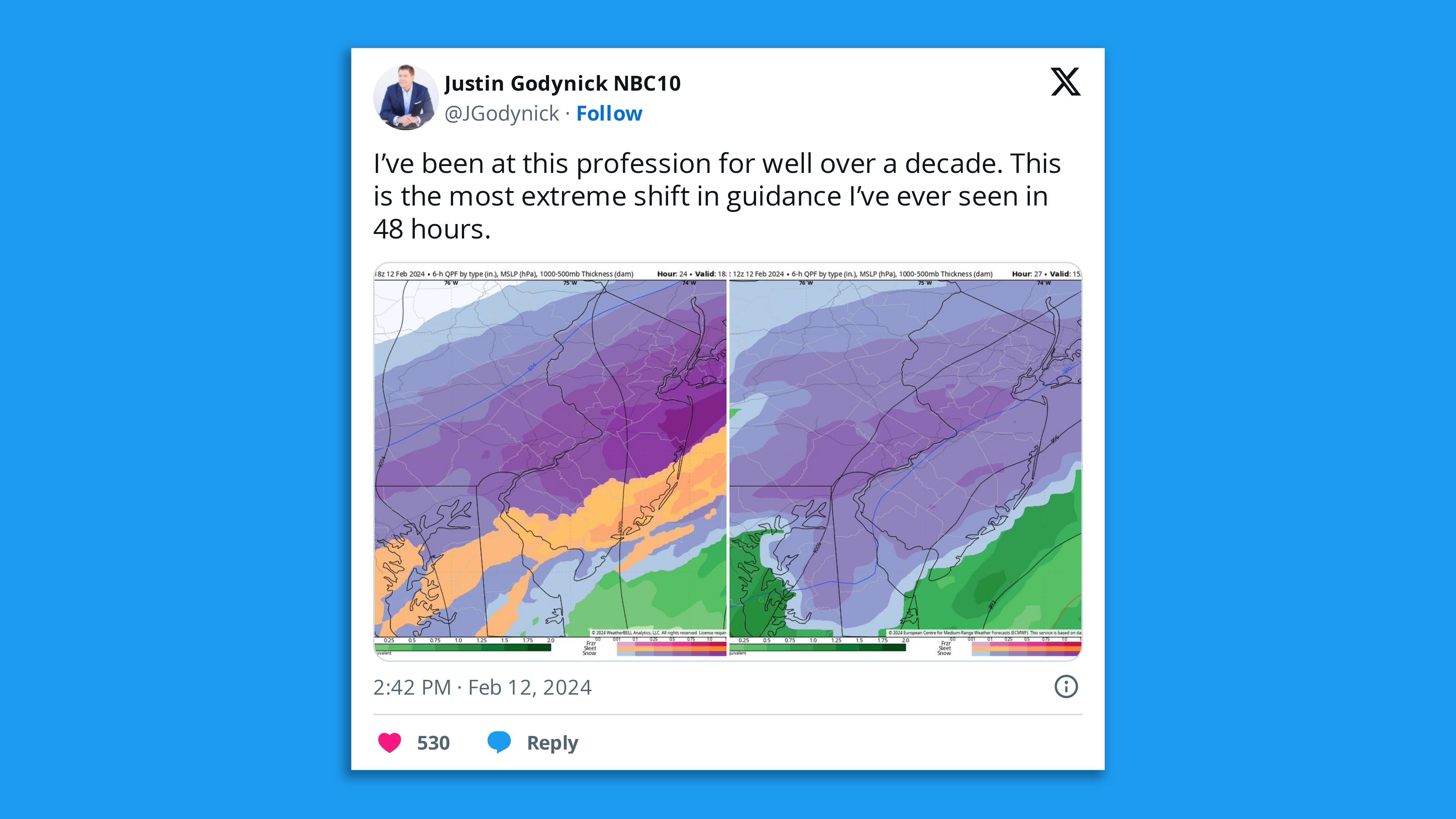 Twitter Screenshot showing the magnitude of the forecast change in the Philadelphia/New Jersey Area. 