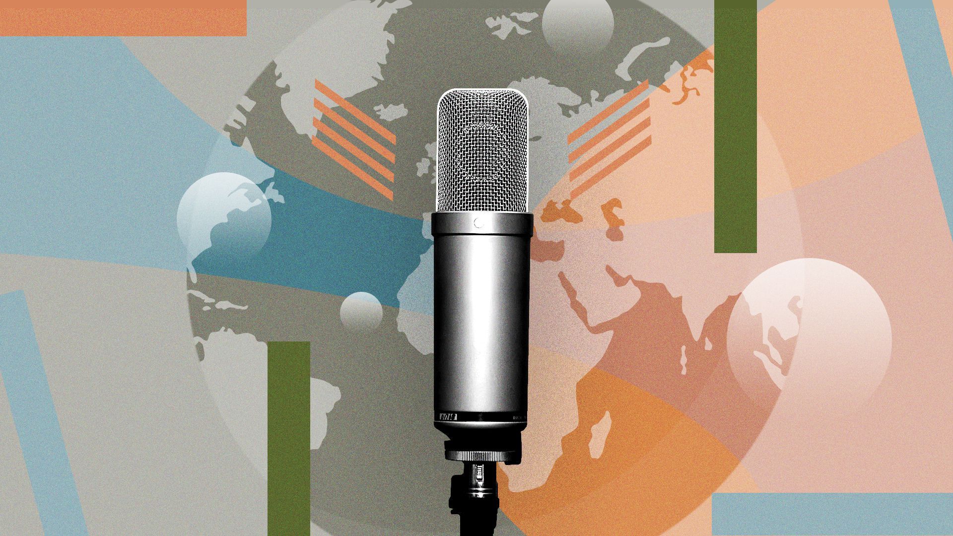 Illustration collage of a microphone in front of a graphic Earth and shapes