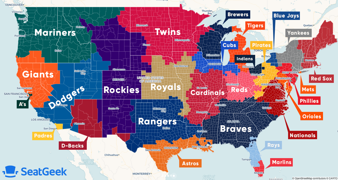 Map of U.S. showing which MLB teams each region roots for