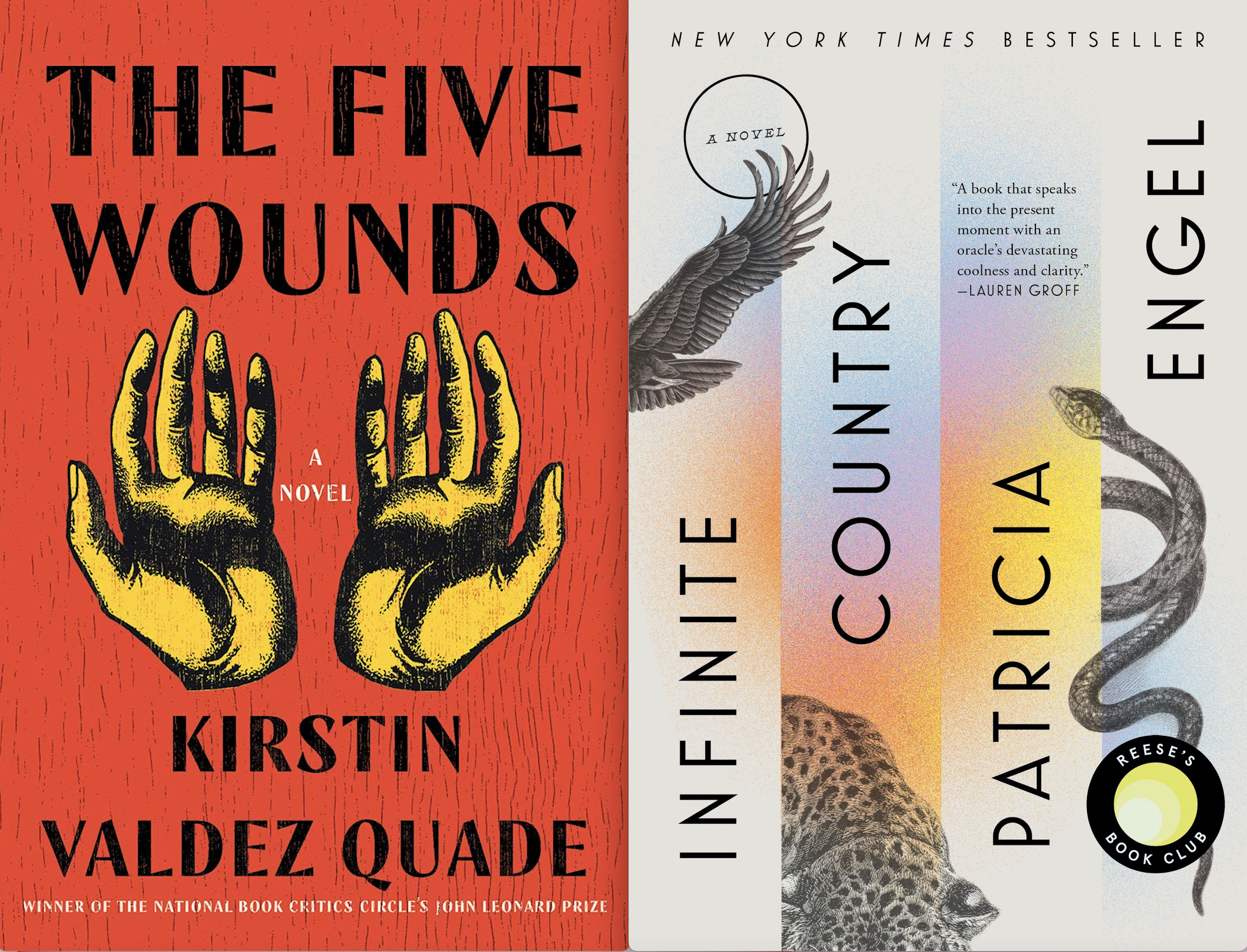 The book covers of The Five Wounds and Infinite Country.