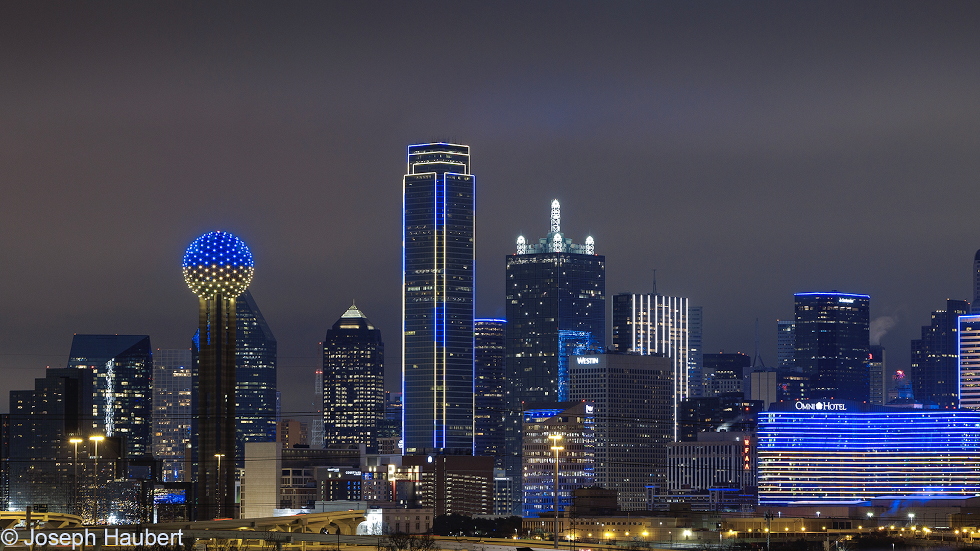 The Dallas skyline, yellow and blue