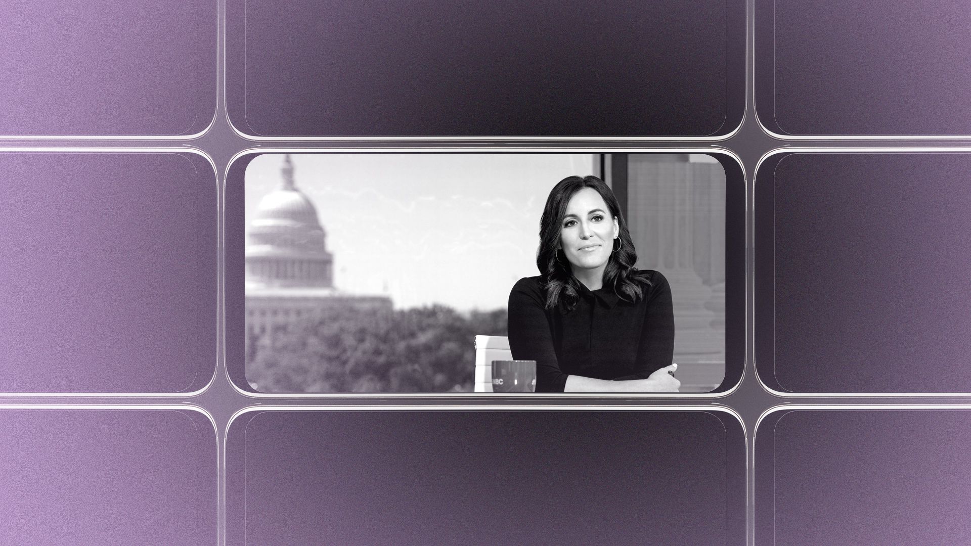 Photo illustration of a grid of smartphone screens, the center one showing an image of Hallie Jackson.