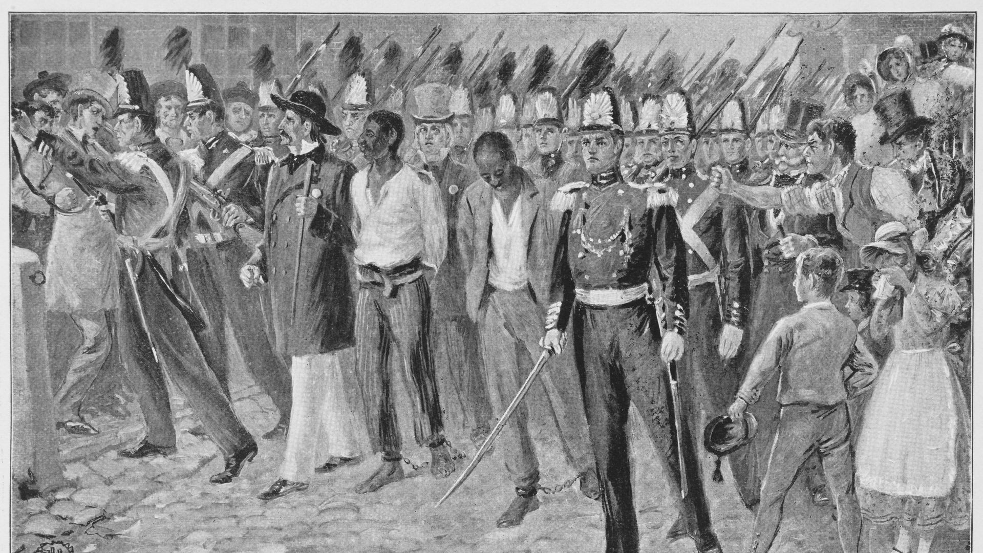 A black-and-white illustration depicting when Anthony Burns, an enslaved man who escaped to Boston, was forcefully returned and surrounded by federal troops and anti-slavery protesters in downtown Boston in 1854.