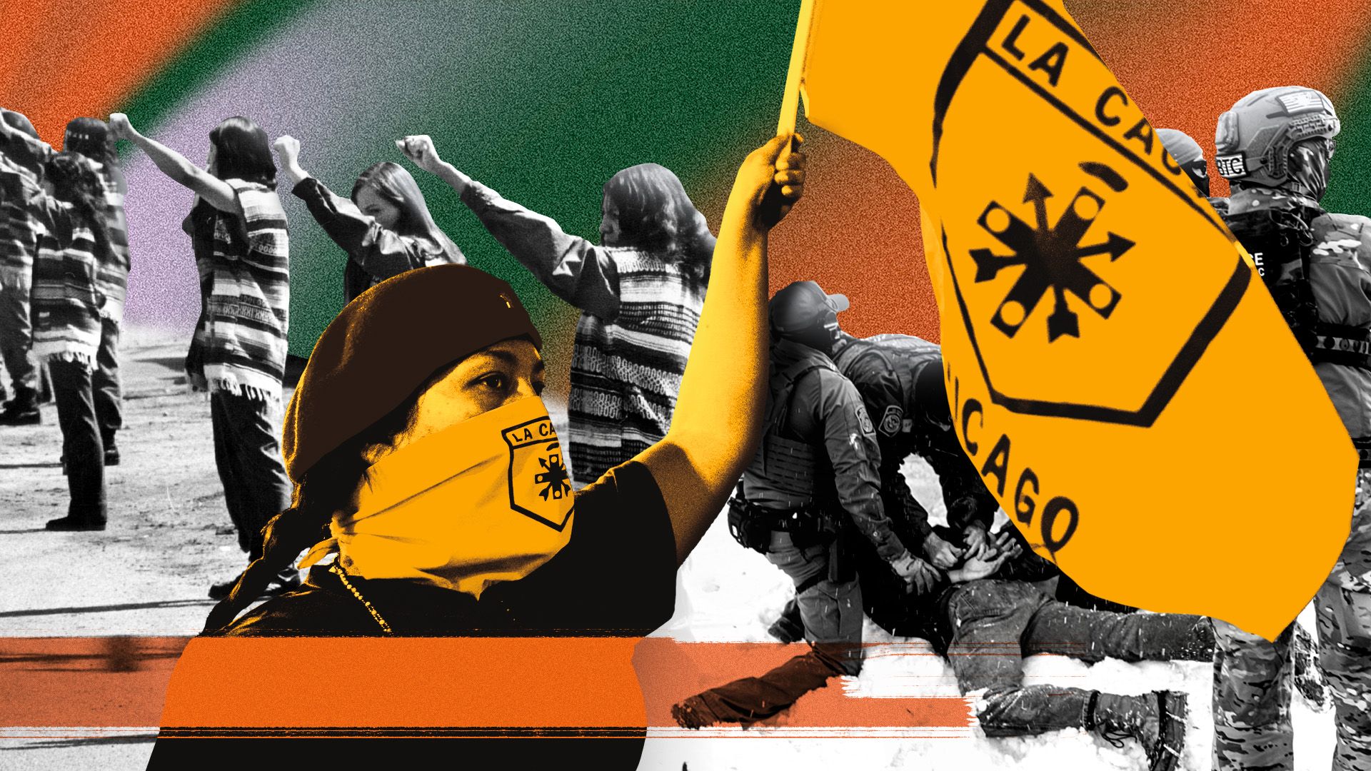 Photo illustration of a member of The Brown Berets holding a flag with a historical photo of other members with raised fists and an ICE raid