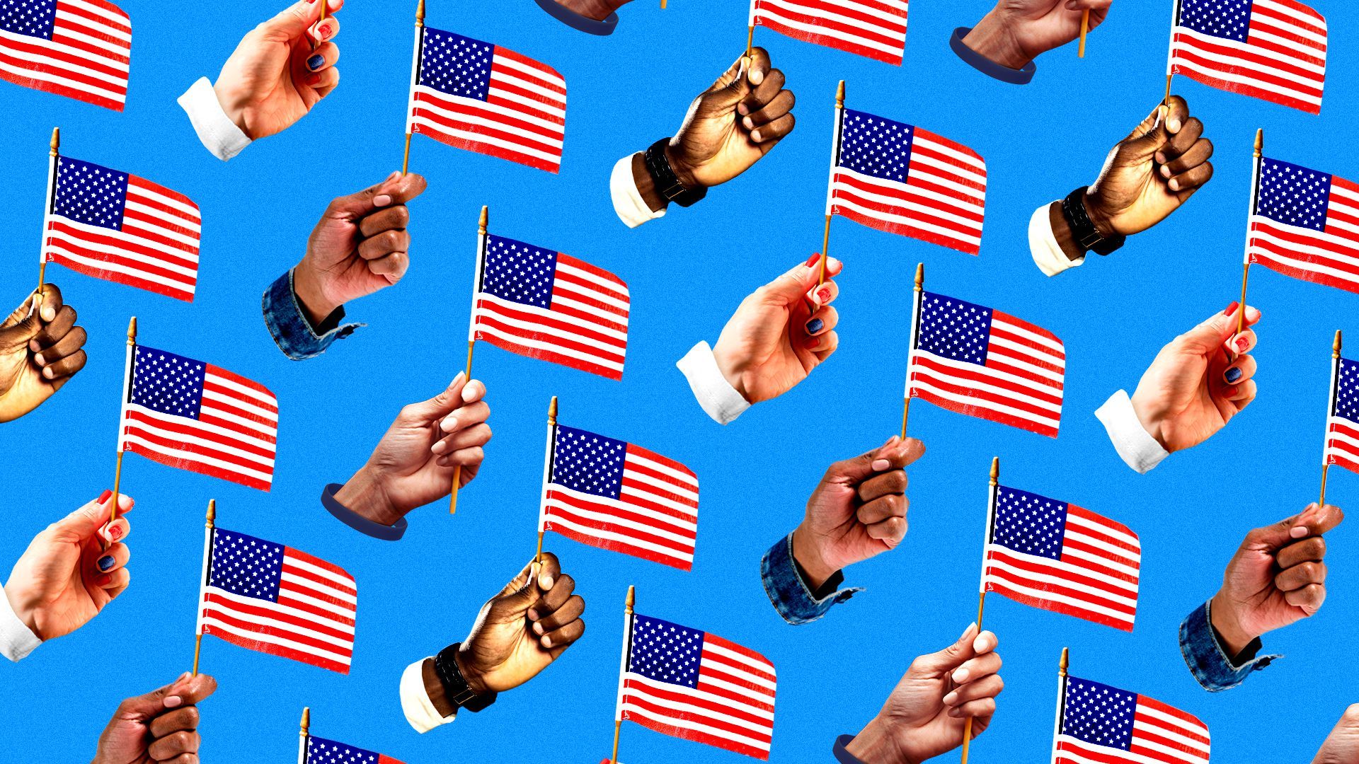 Illustration of a pattern of different hands all holding small U.S. flags
