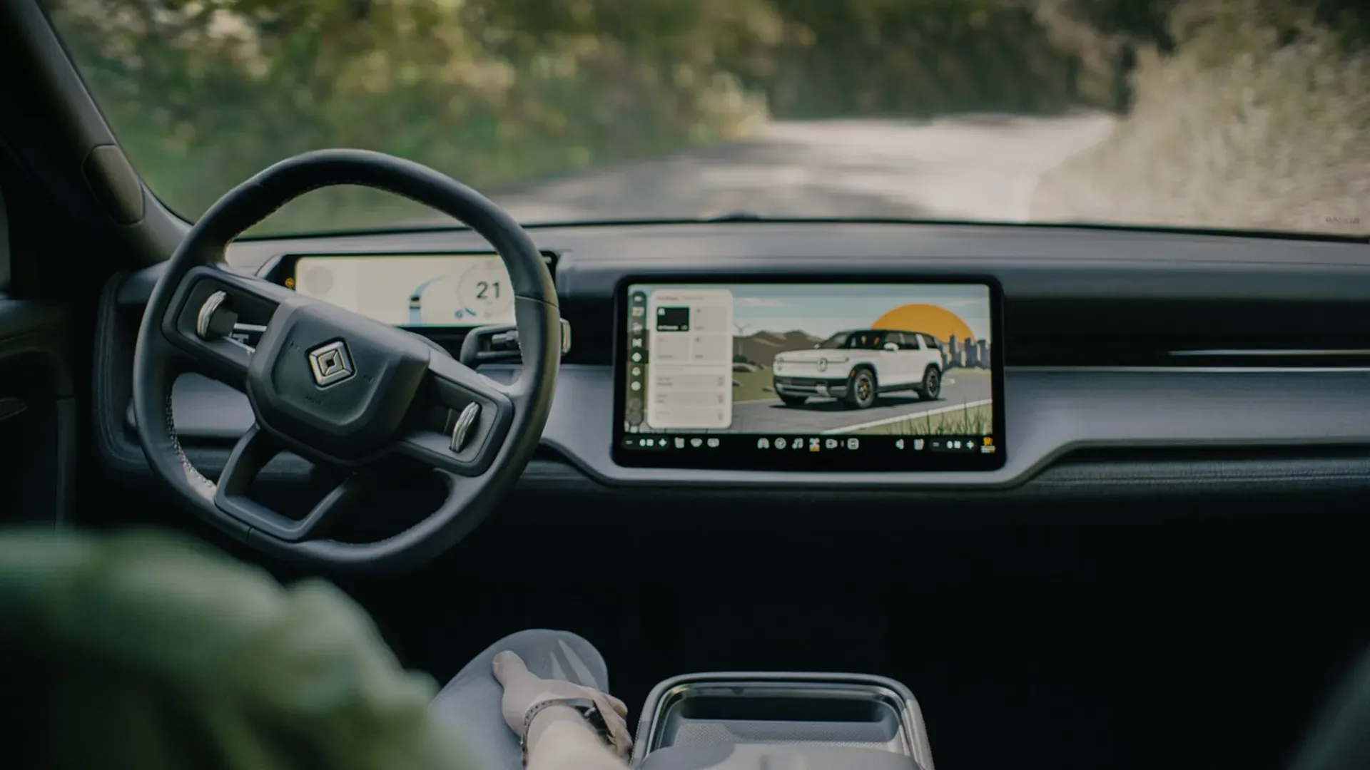 An interior view of a Rivian with a newly introduced autonomous driving system. Photo: Rivian