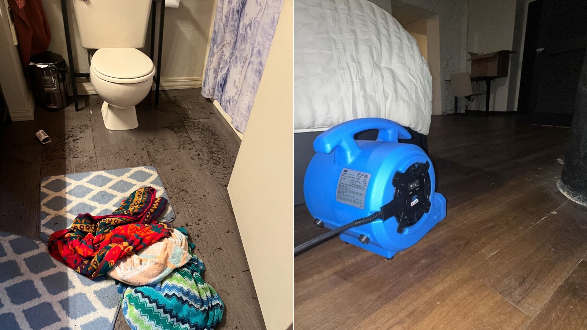 Left photo shows bathroom with dirty all over the floor and wet, used towels crumpled on the ground. Right photo shows power fan in a bedroom.