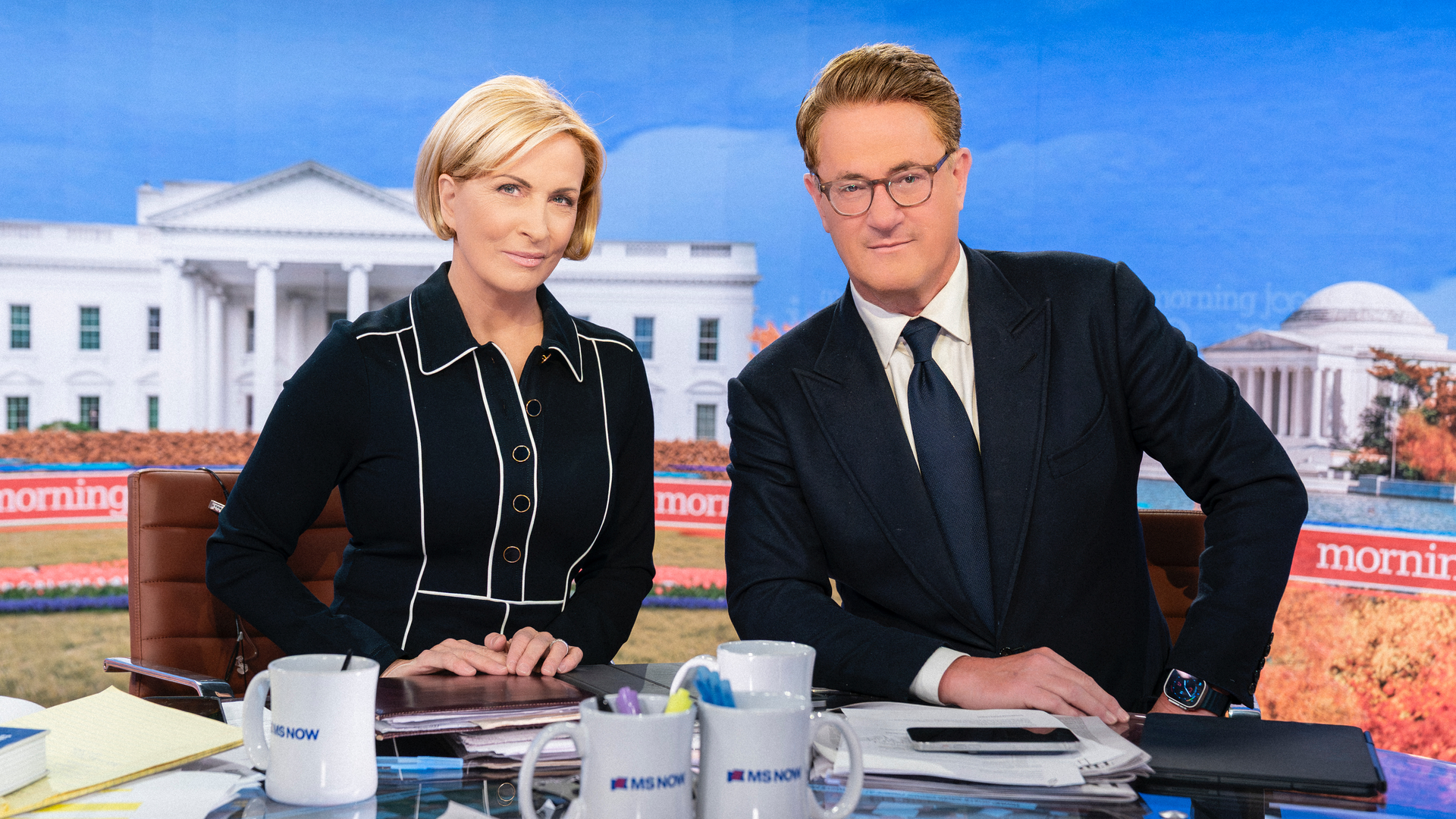 Joe Scarborough and Mika Brzezinski on-set in Manhattan. Photo: MS NOW