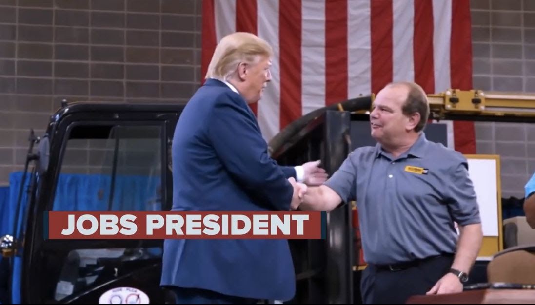 President Trump shaking a man's hand during an ad as a graphic says "jobs president"