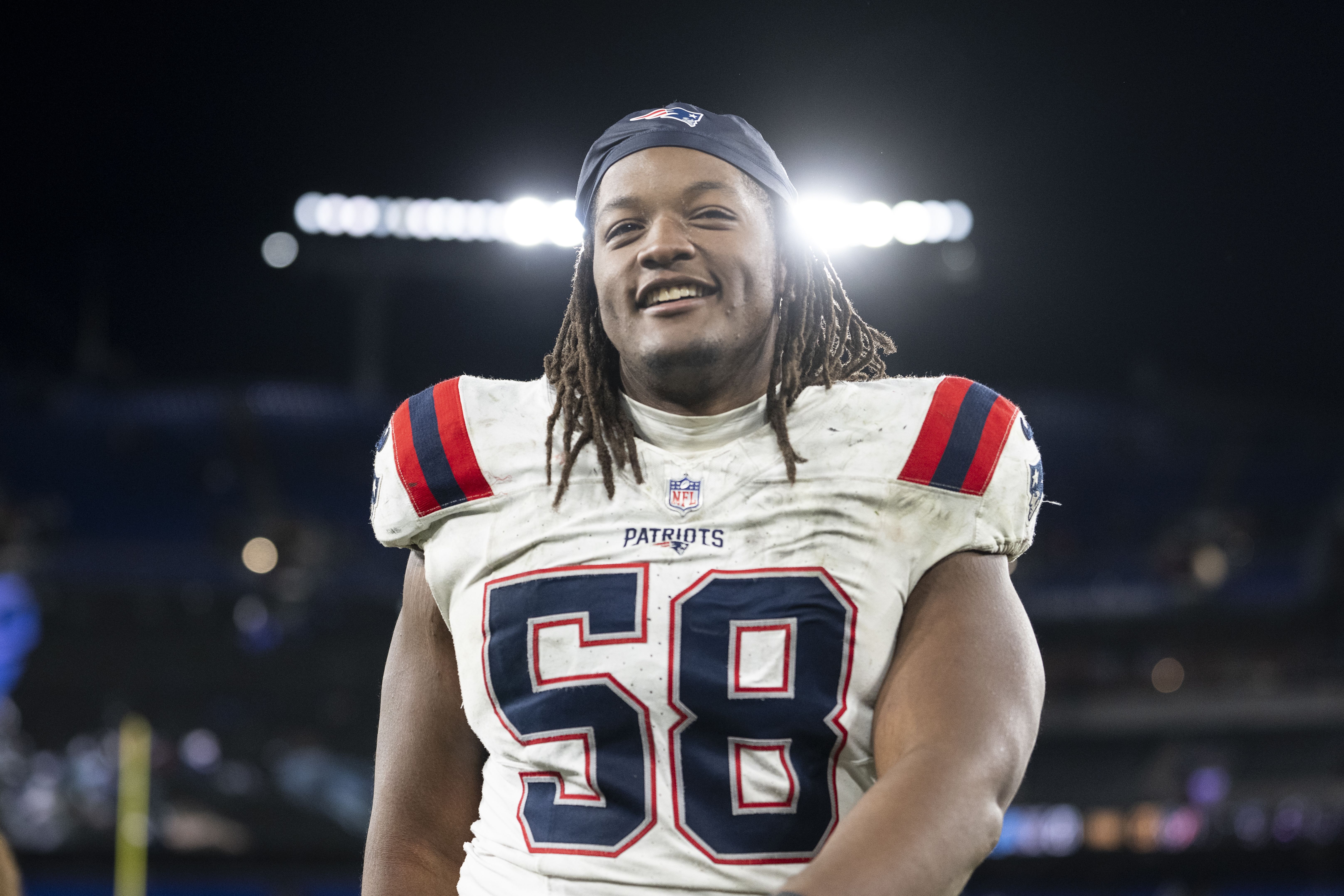 Jared Wilson #58 of the New England Patriots reacts following an NFL football game against the Baltimore Ravens at M&T Bank Stadium on December 21, 2025 in Baltimore, Maryland. (Photo by Michael Owens/Getty Images)