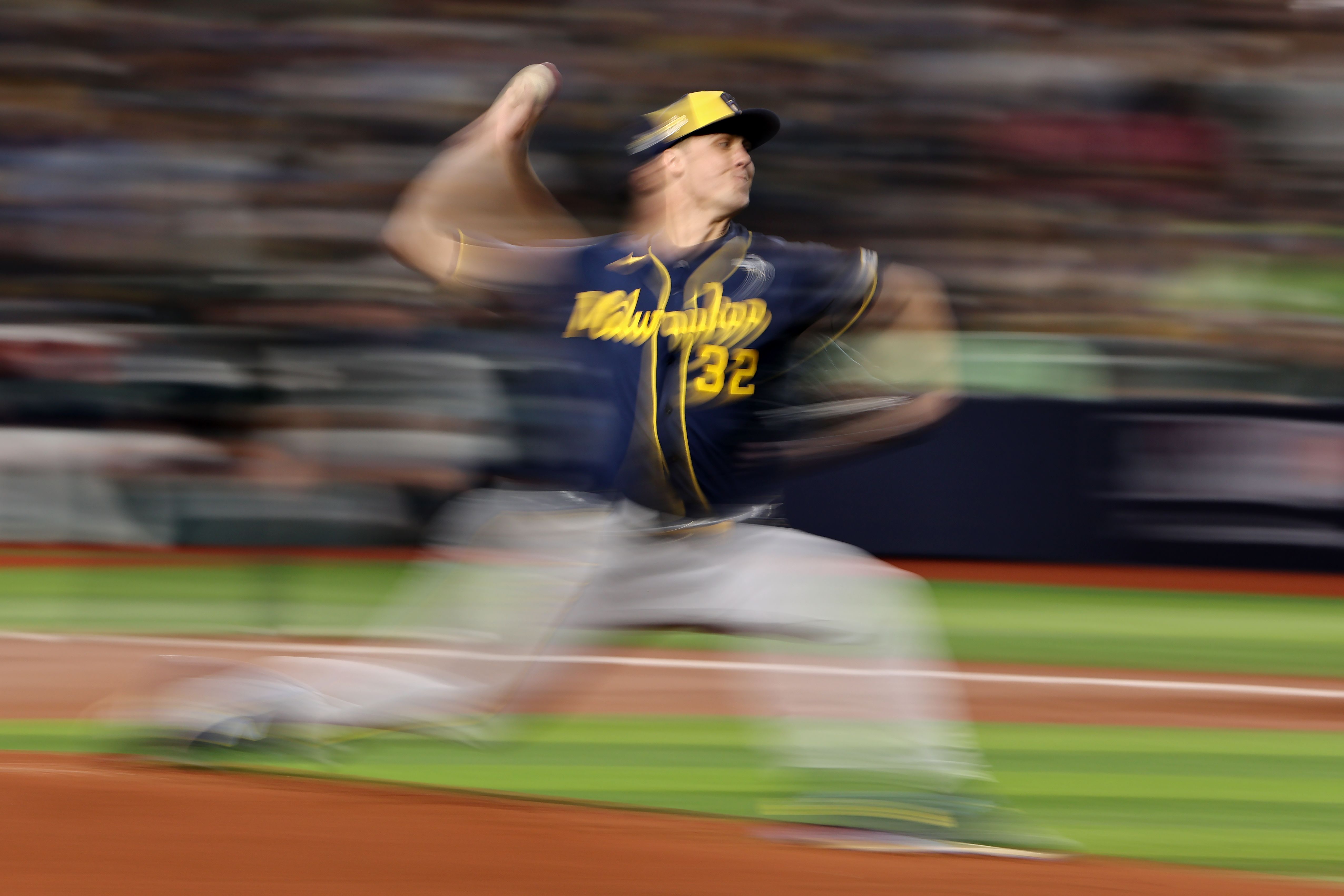 : Jacob Misiorowski #32 of the Milwaukee Brewers throws a pitch during the first inning against the Tampa Bay Rays in game five of the 2026 World Series at Tropicana Field on October 28, 2026 in St Petersburg, Florida. (Photo by Carmen Mandato/Getty Images)