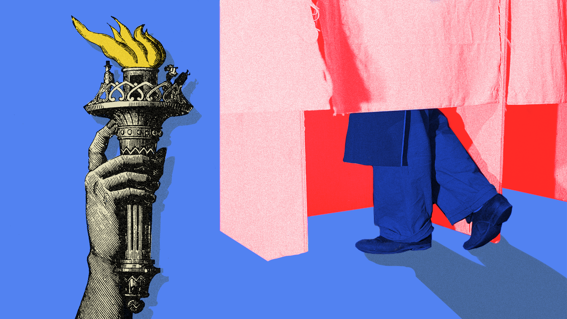 Photo collage of voting booth and a woodcut of the torch from the statue of liberty.