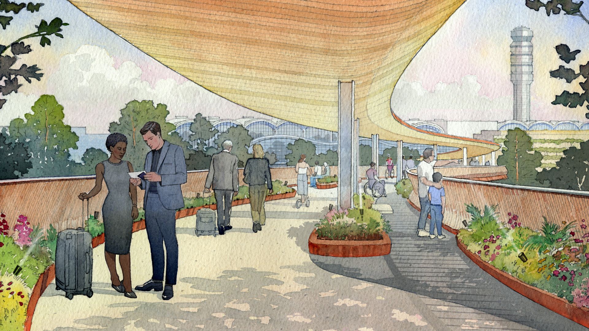 A watercolor rendering shows travelers with suitcases standing on a pedestrian bridge.