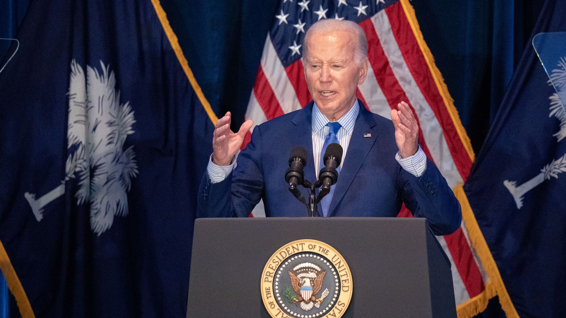 US President Joe Biden speaks to a crowd during the South Carolina Democratic Party First in the Nation Celebration and dinner at the state fairgrounds on January 27, 2024 in Columbia, South Carolina