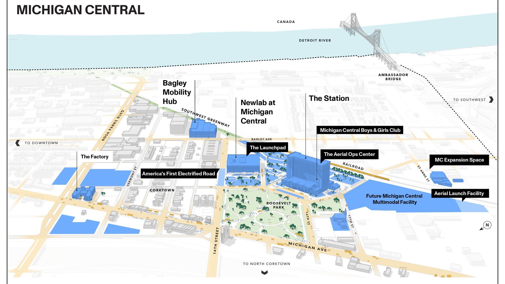 A rendering of the Michigan Central campus, with the future multimodal facility on the right
