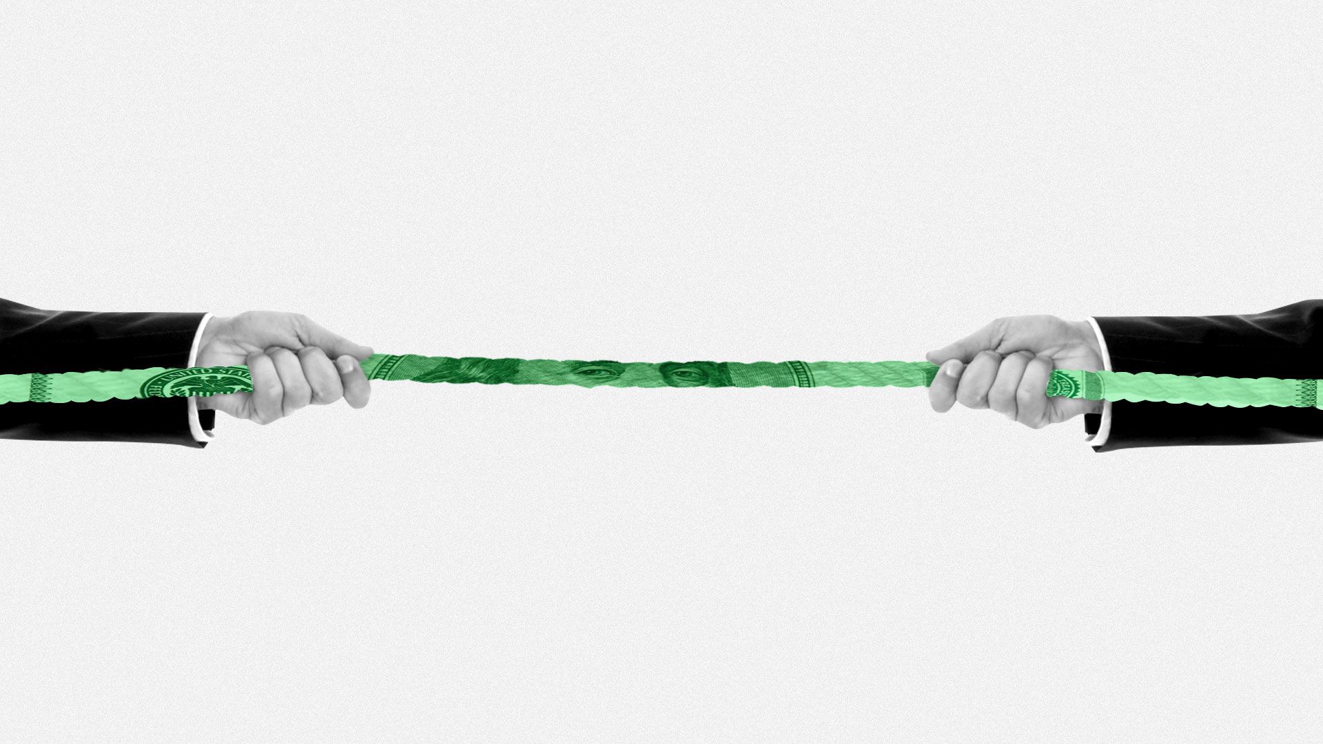 Illustration of two hands pulling a money rope in a tug-of-war.