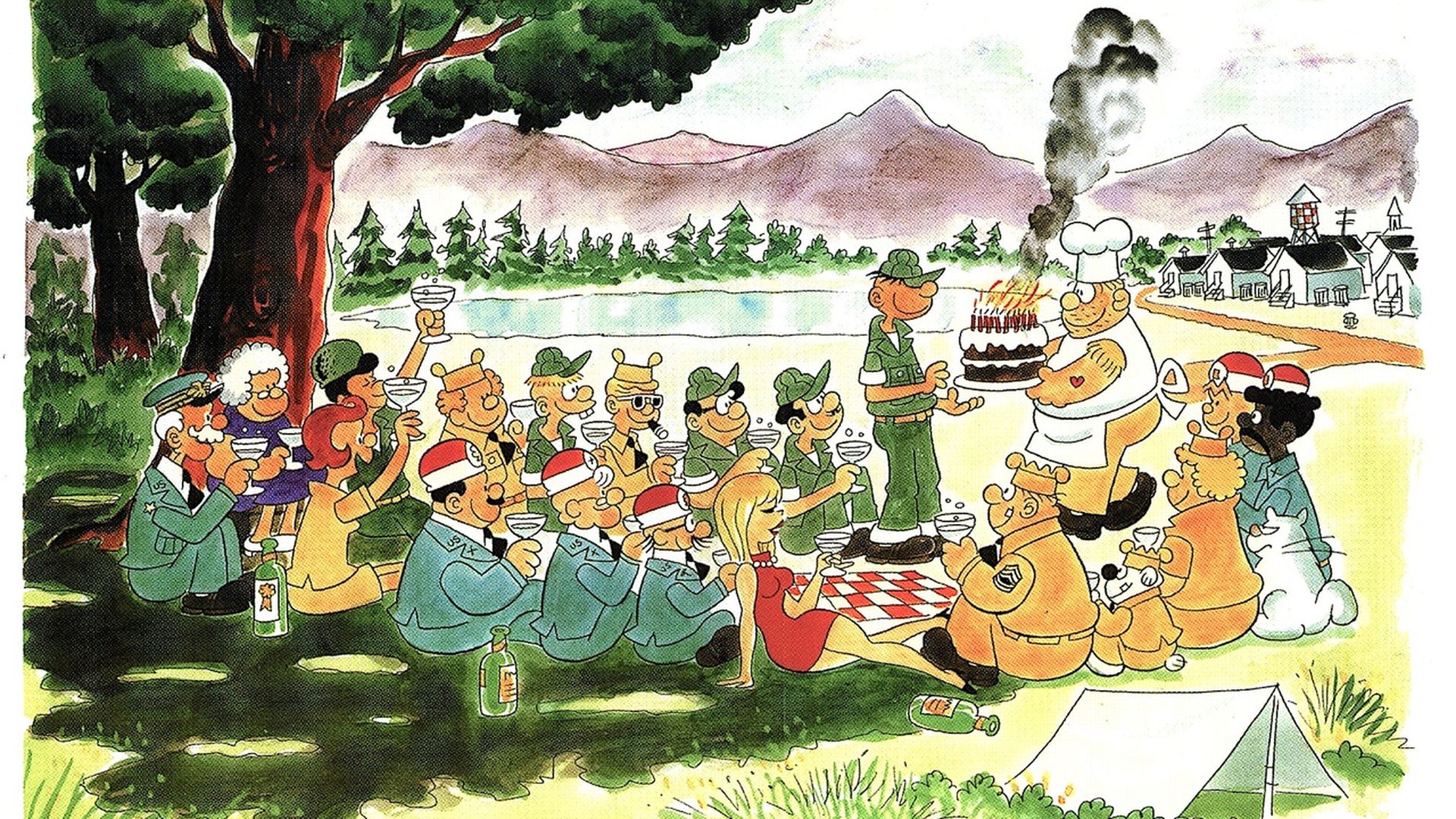 Cartoon of soldiers and civilians outdoors near a lake and mountains, holding drinks around a man in uniform receiving a smoking birthday cake from a chef, with picnic items and tents nearby.