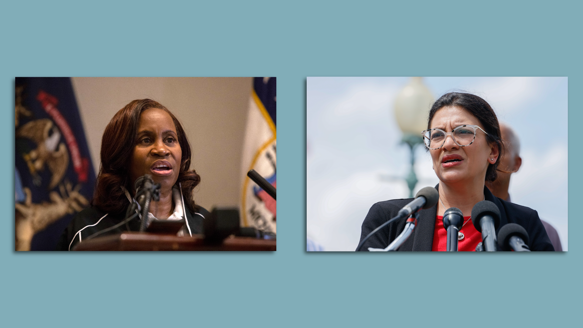 Janice Winfrey and Rashida Tlaib are both pictured speaking at microphones in separate images.
