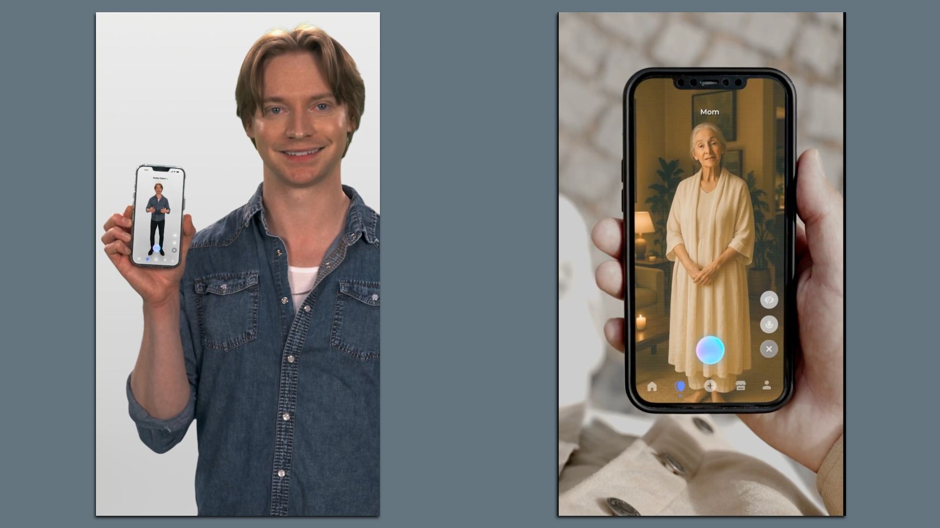 And image of a man holding a phone with a digital avatar of himself and an image of a hand holding a phone with a digital avatar that says "Mom" 
