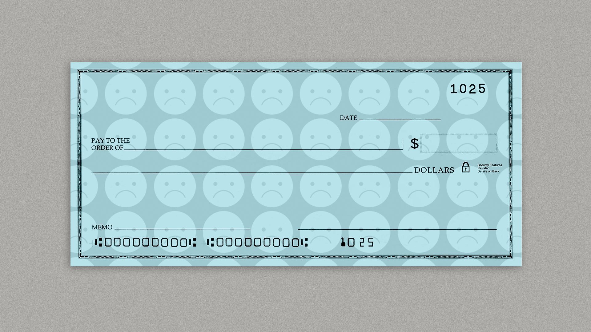 Illustration of a blank check with a pattern of sad faces as the watermark image.