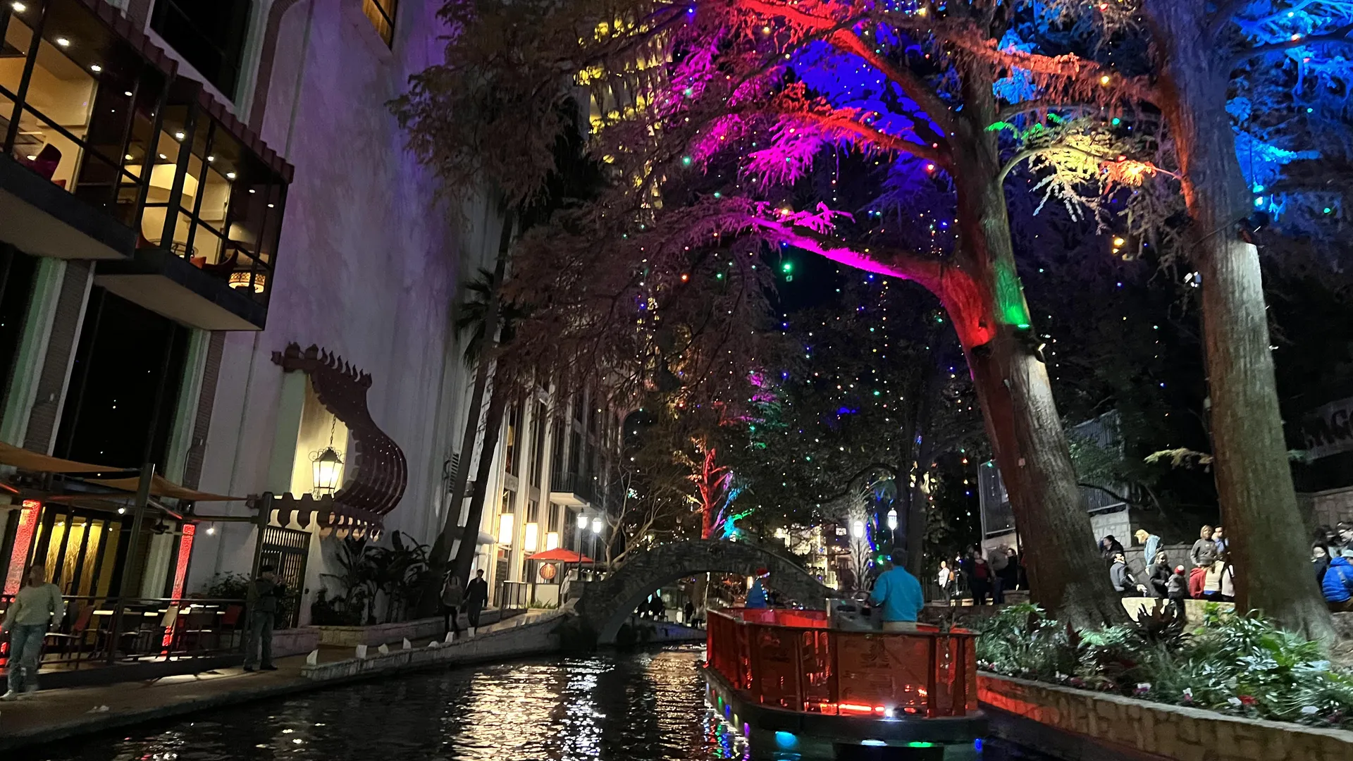 Christmas lights on a river.