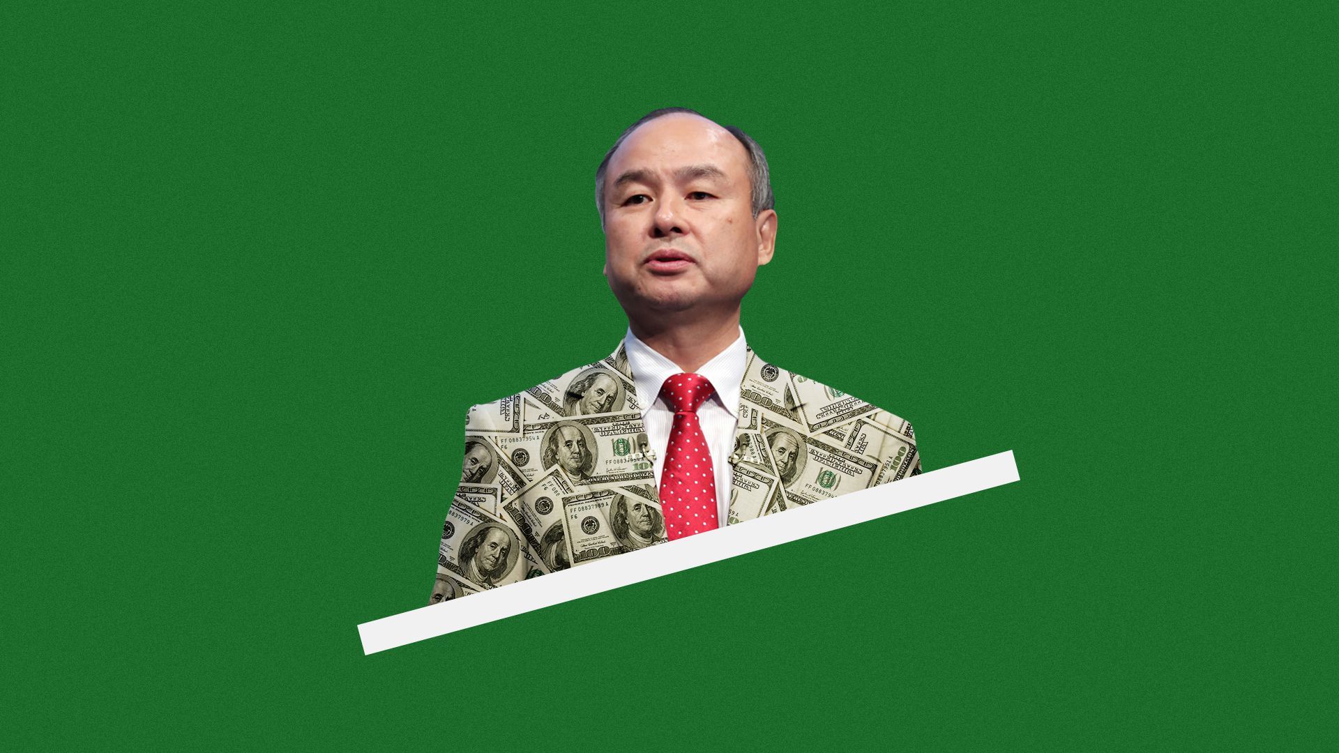 Illustration of Masayoshi Son in a suit jacket made of one hundred dollar bills.