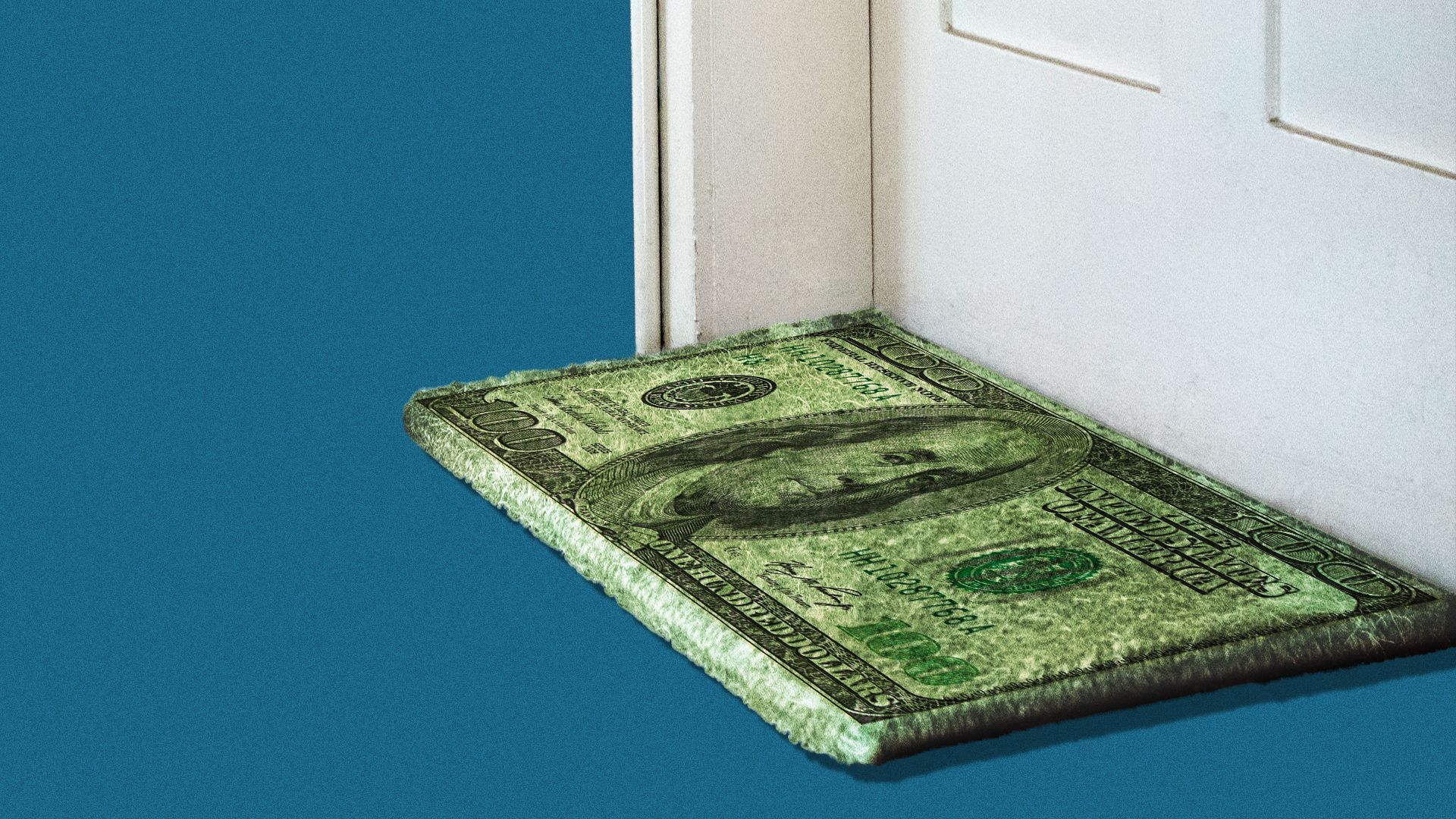 Illustration of a welcome mat that is a one-hundred dollar bill.
