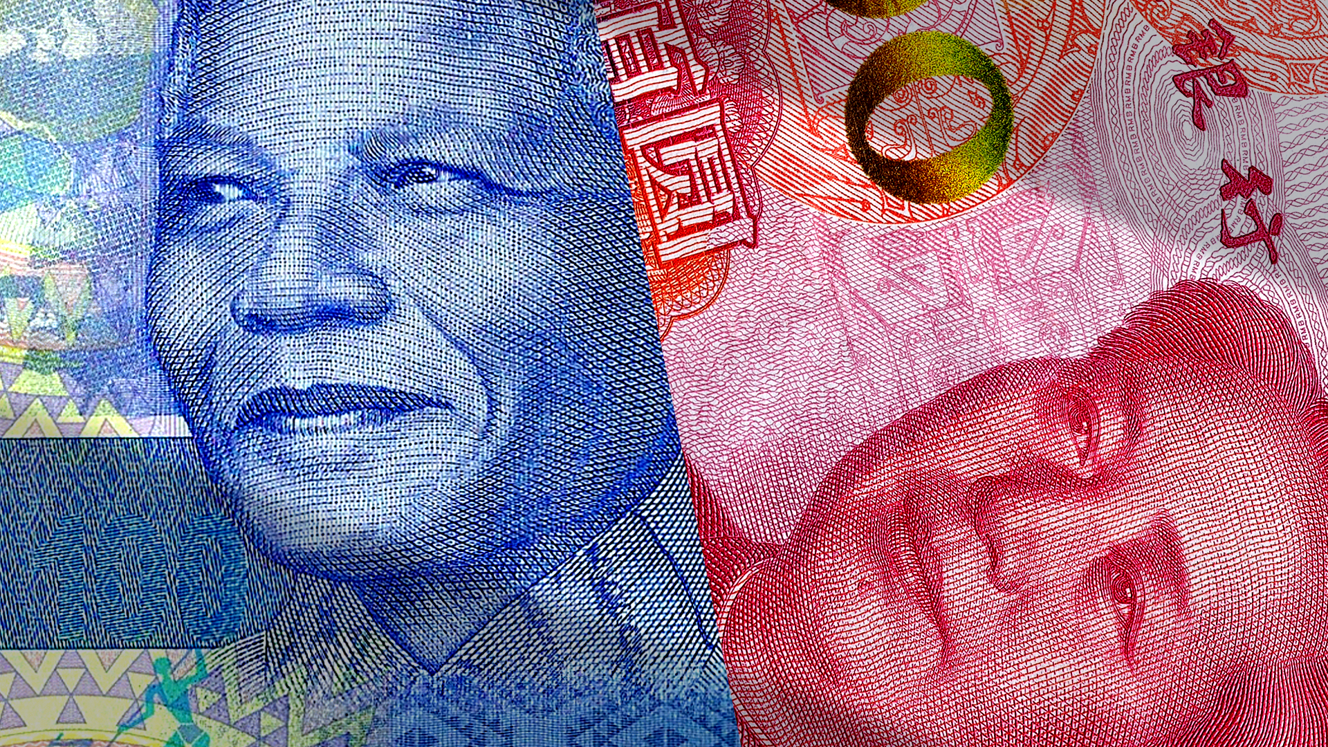 Photo collage of South African and Chinese currency notes