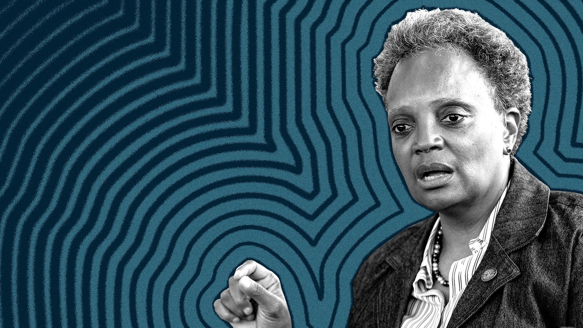 Photo illustration of Chicago Mayor Lori Lightfoot with lines radiating from her. 